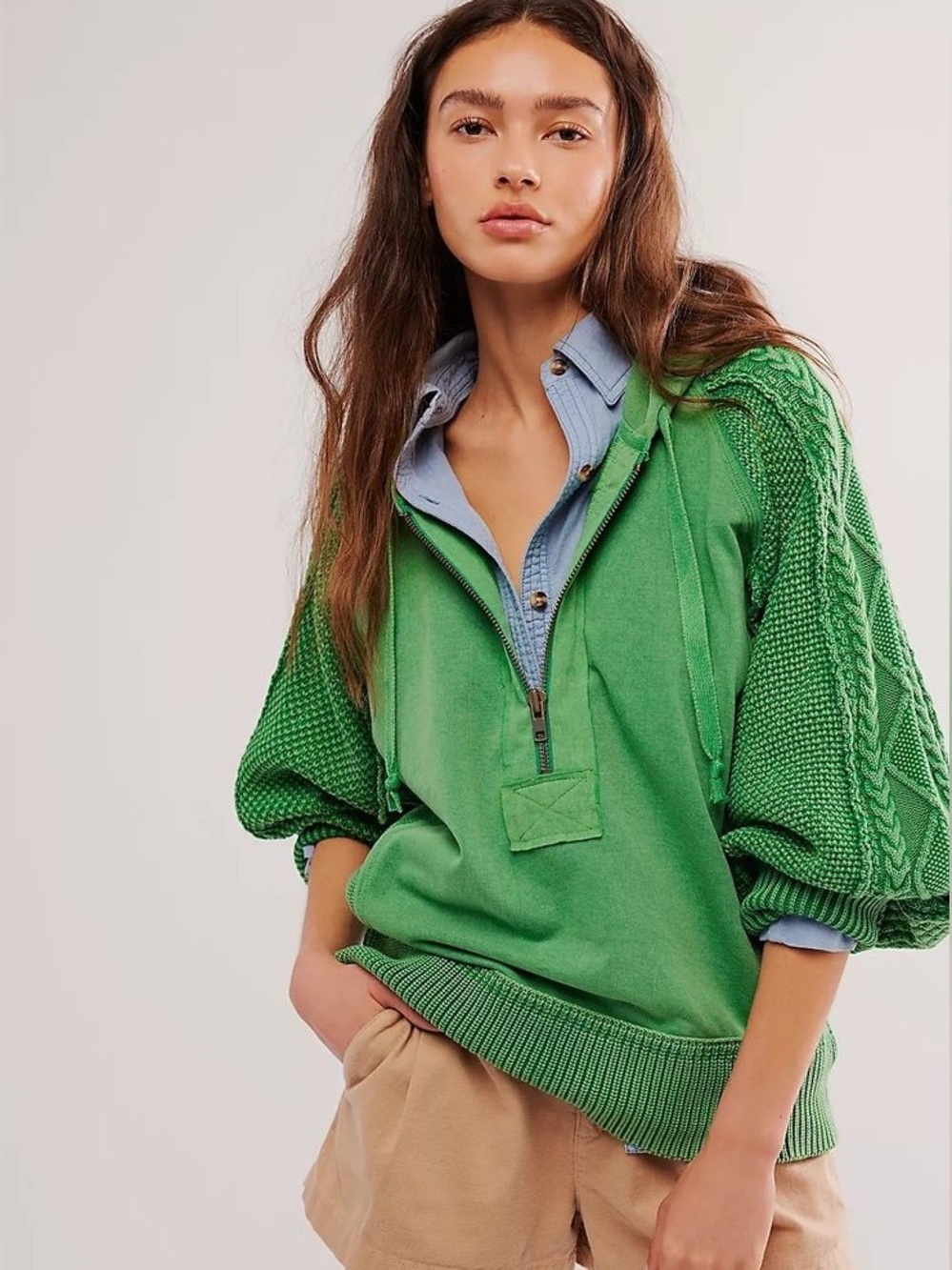 Free People We The Free Green Cable-Sleeve Half-Zip Hoodie - Small